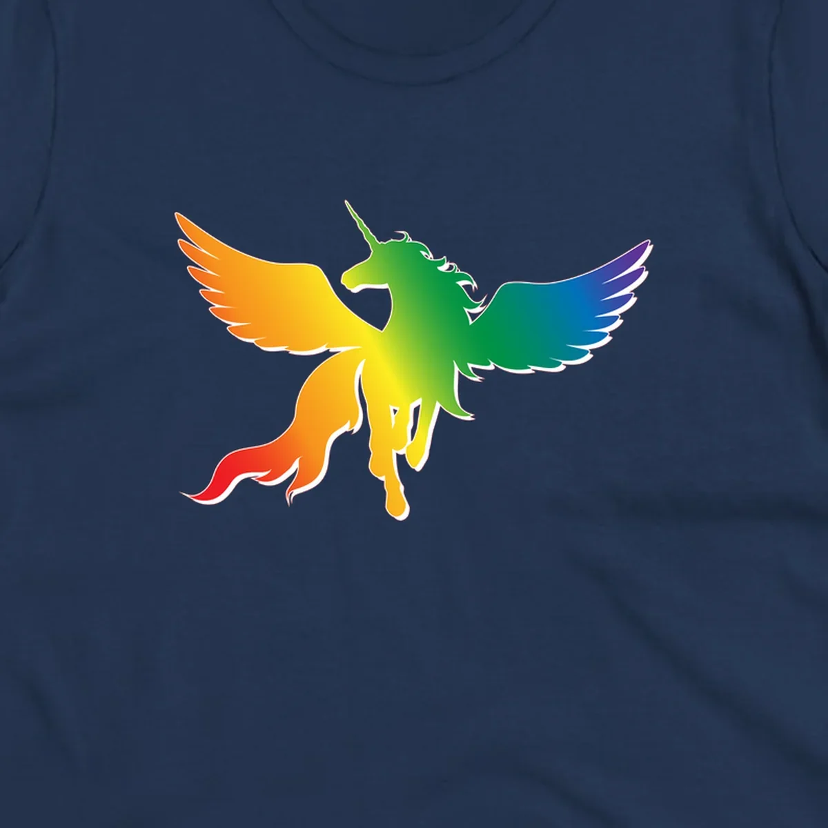 Rainbow-winged unicorn with flowing mane and horn, gradient colored from orange to purple in pride flag colors