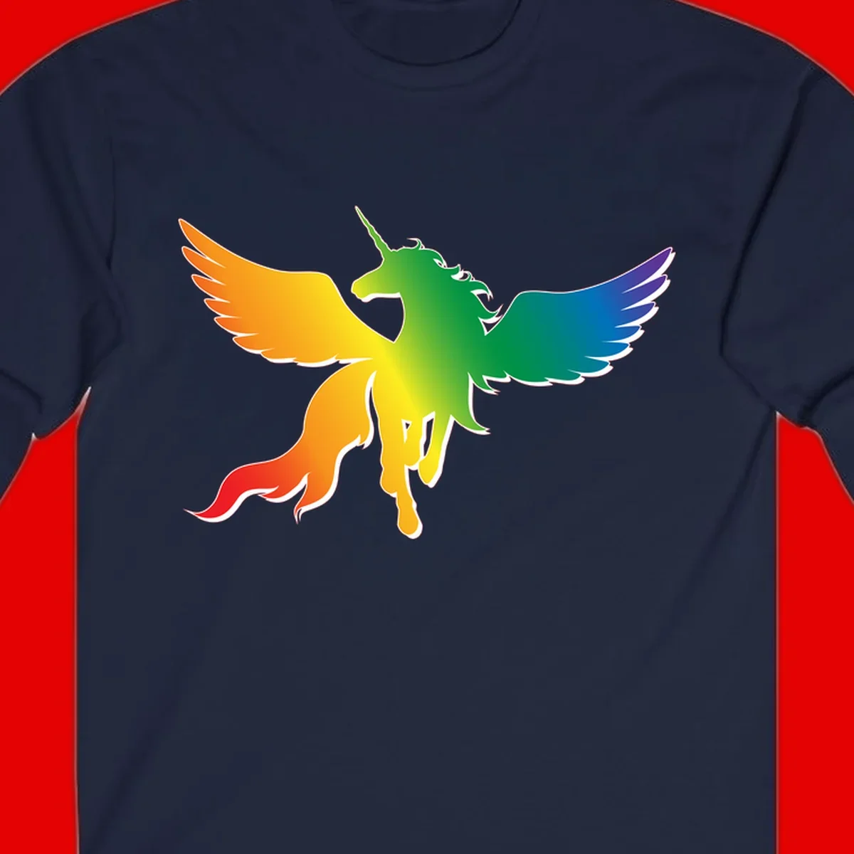 Rainbow-winged unicorn with flowing mane and horn, gradient colored from orange to purple in pride flag colors