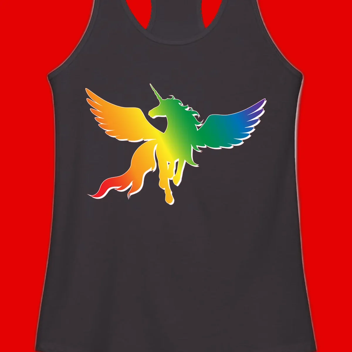 Rainbow-winged unicorn with flowing mane and horn, gradient colored from orange to purple in pride flag colors