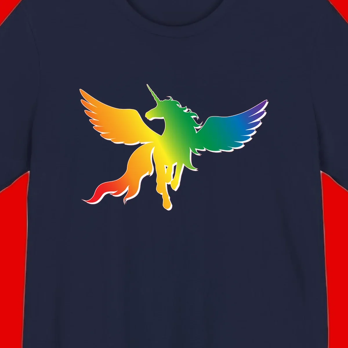 Rainbow-winged unicorn with flowing mane and horn, gradient colored from orange to purple in pride flag colors