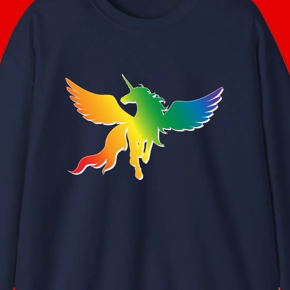 Rainbow-winged unicorn with flowing mane and horn, gradient colored from orange to purple in pride flag colors
