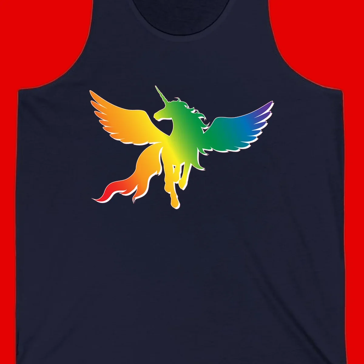 Rainbow-winged unicorn with flowing mane and horn, gradient colored from orange to purple in pride flag colors