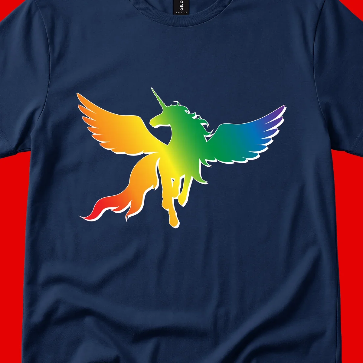 Rainbow-winged unicorn with flowing mane and horn, gradient colored from orange to purple in pride flag colors