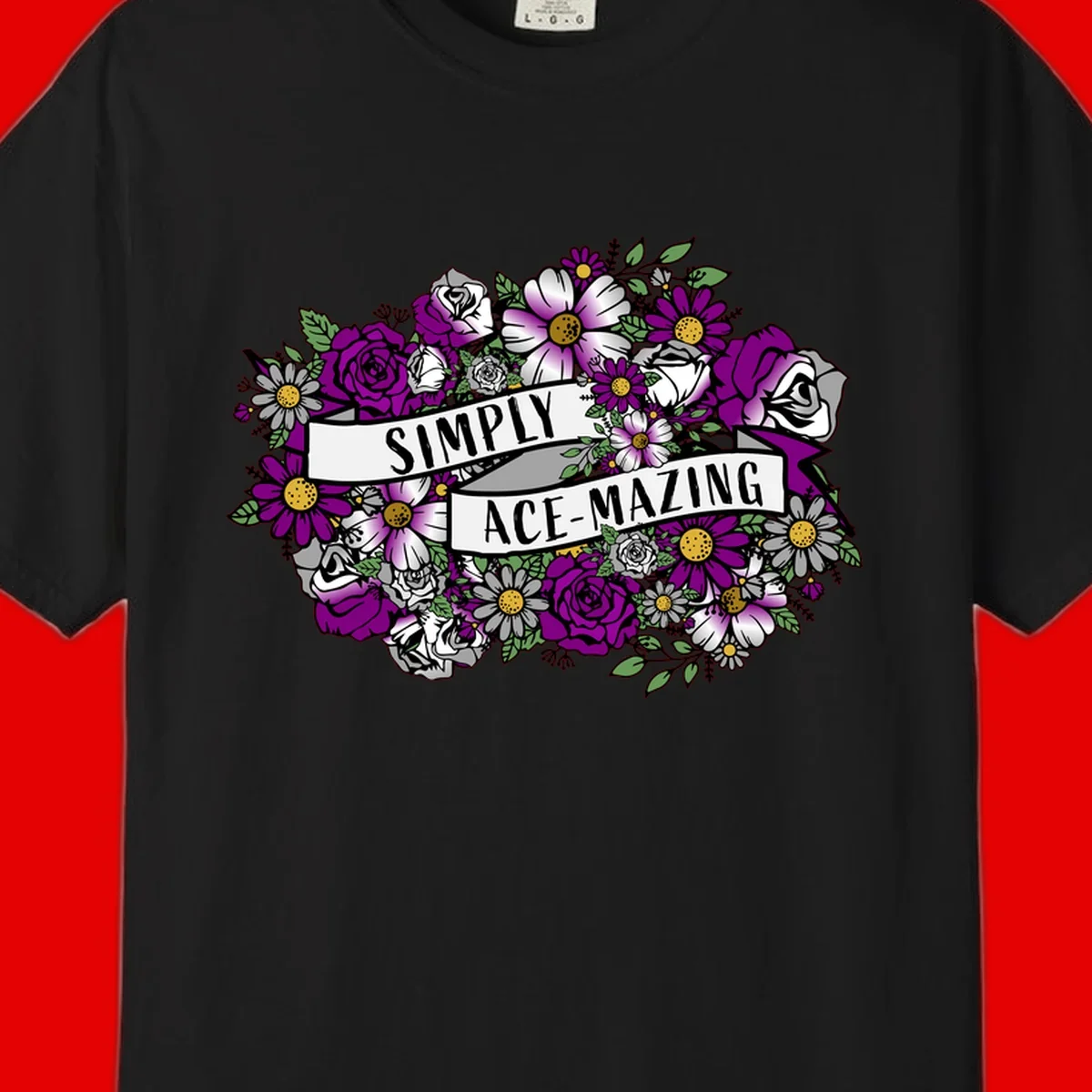 Simply ace-mazing floral design with purple roses, white daisies, green leaves, and banner ribbons on gray background