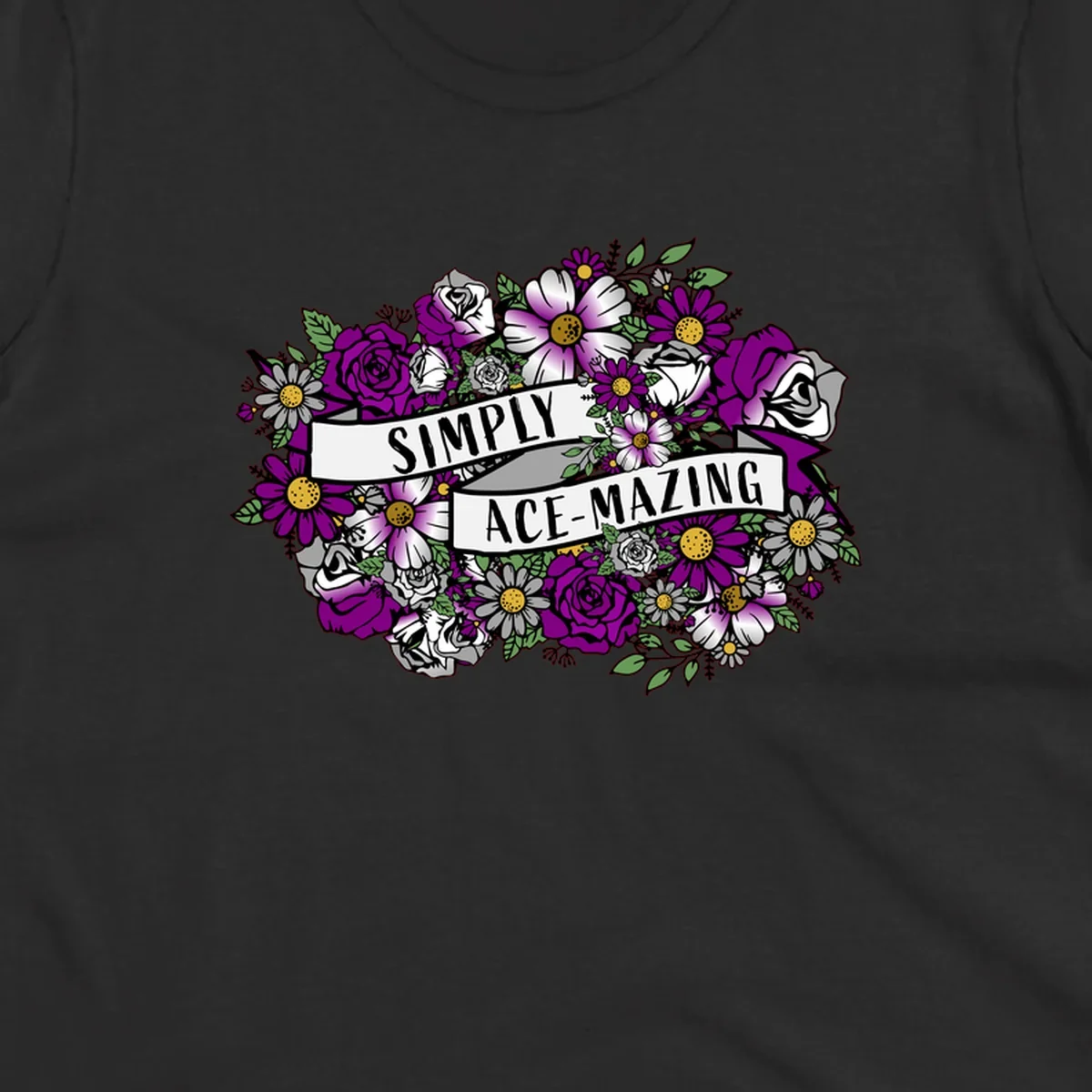 Simply ace-mazing floral design with purple roses, white daisies, green leaves, and banner ribbons on gray background