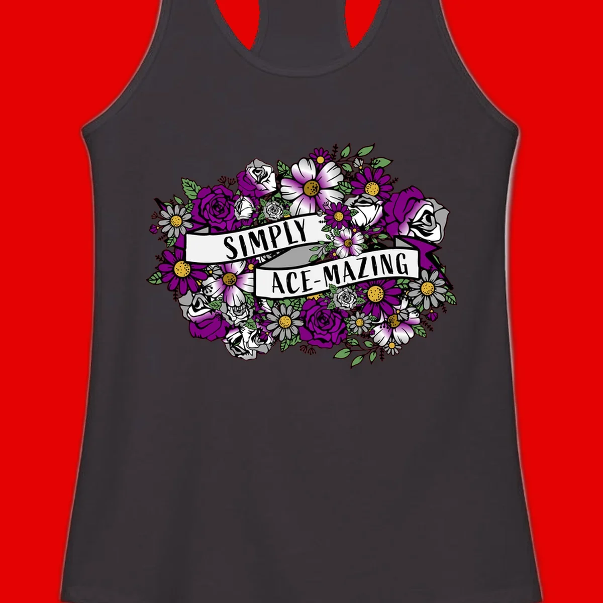 Simply ace-mazing floral design with purple roses, white daisies, green leaves, and banner ribbons on gray background