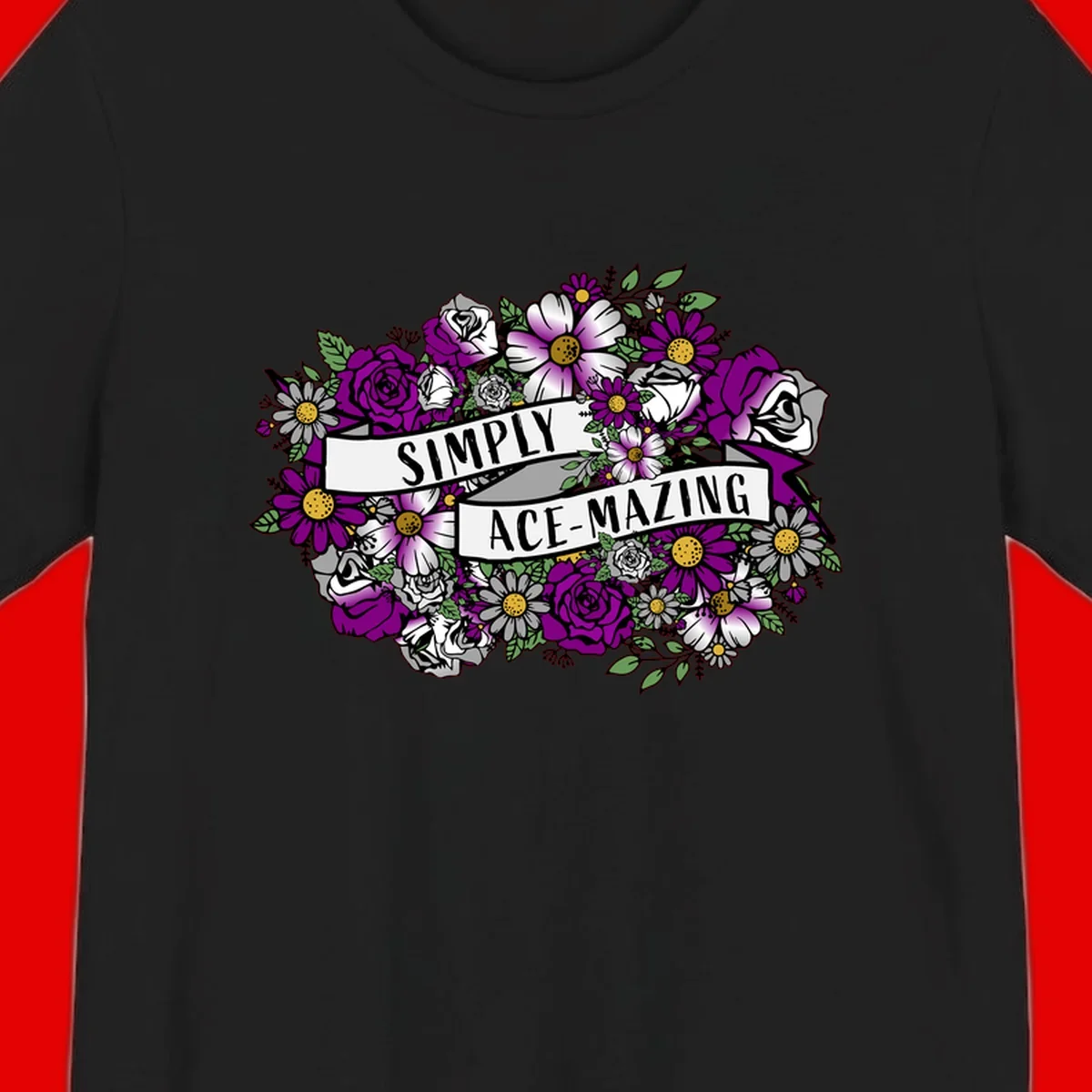 Simply ace-mazing floral design with purple roses, white daisies, green leaves, and banner ribbons on gray background