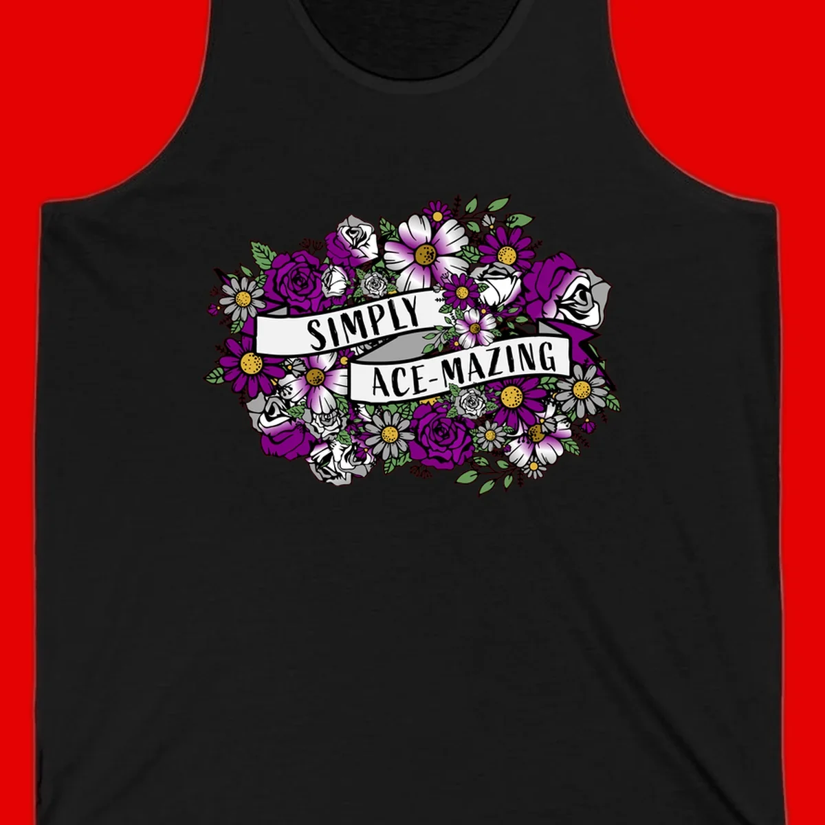 Simply ace-mazing floral design with purple roses, white daisies, green leaves, and banner ribbons on gray background