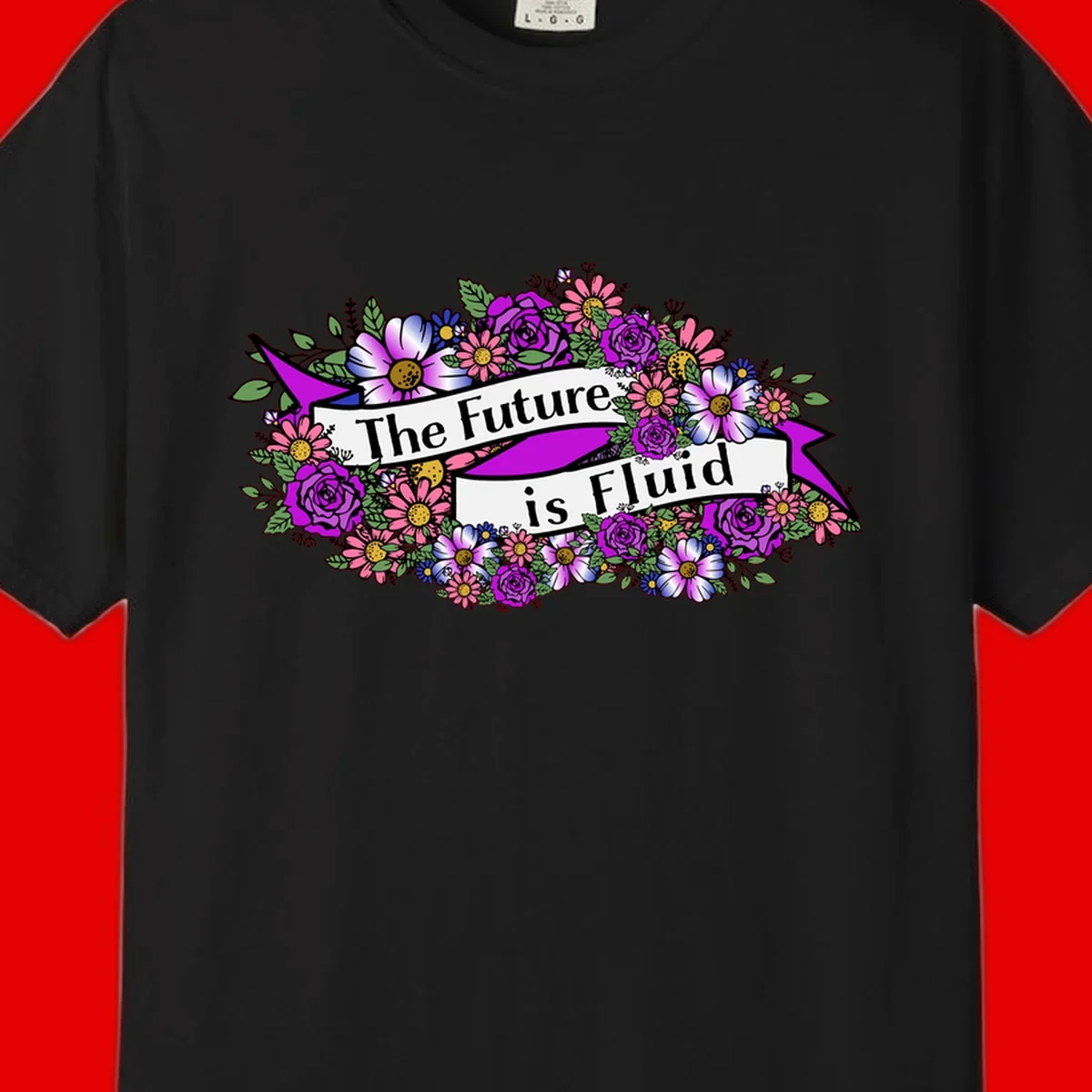 Colorful floral arrangement surrounding a banner reading 'The Future is Fluid' with roses, daisies, and greenery in magenta, pink, purple, and blue tones