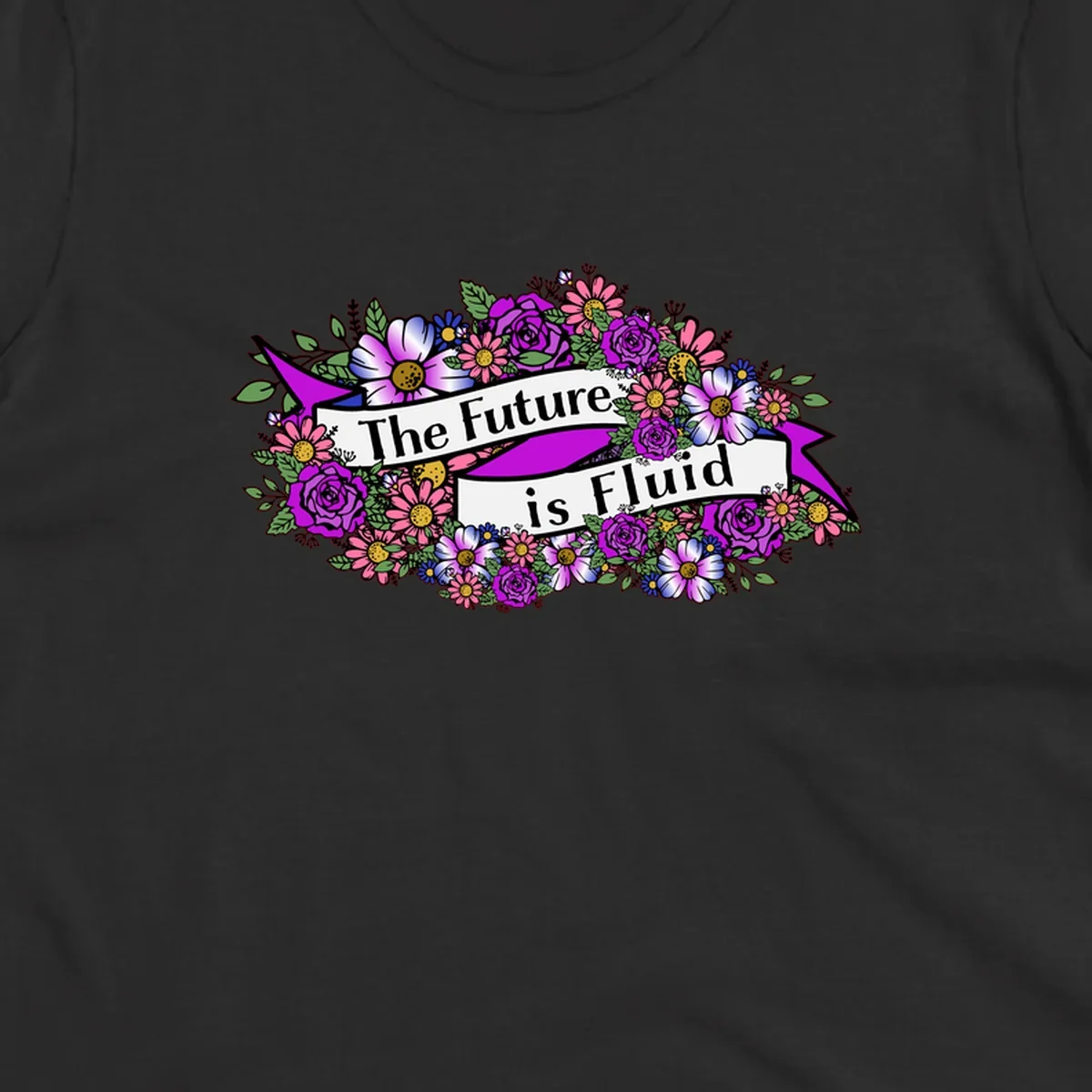 Colorful floral arrangement surrounding a banner reading 'The Future is Fluid' with roses, daisies, and greenery in magenta, pink, purple, and blue tones