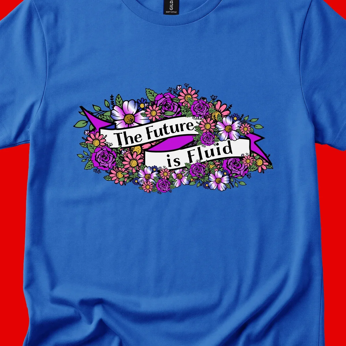 Colorful floral arrangement surrounding a banner reading 'The Future is Fluid' with roses, daisies, and greenery in magenta, pink, purple, and blue tones