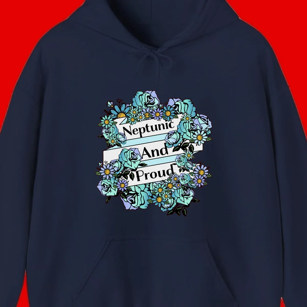 Neptunic pride design: turquoise and purple roses and daisies frame three white ribbons reading 'Neptunic And Proud' in bold text