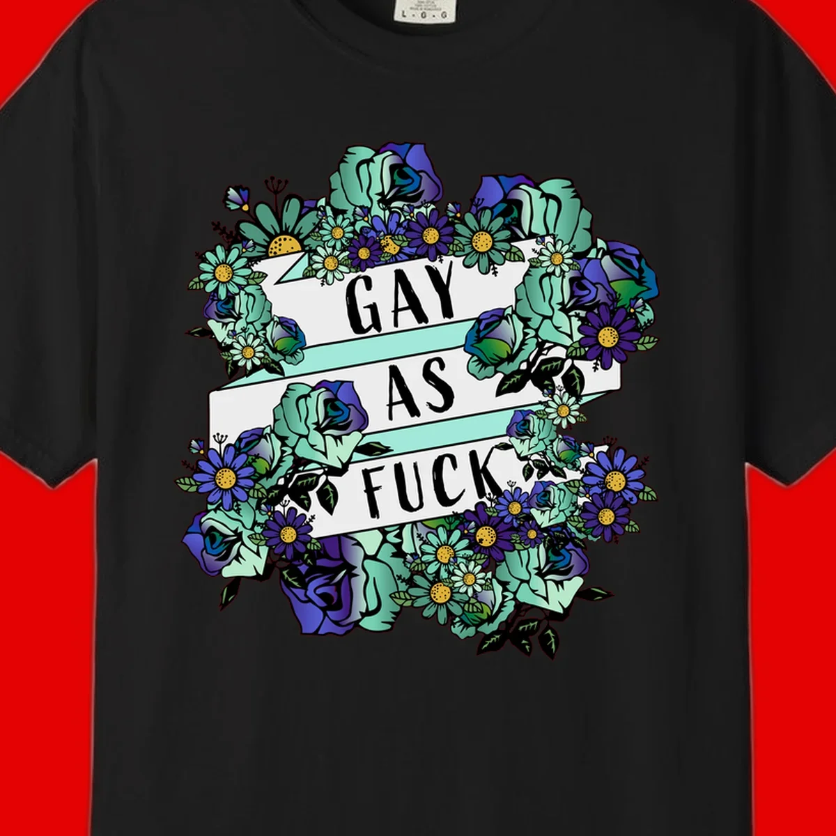 Floral illustration with mint roses and purple daisies surrounding white banners reading 'GAY AS FUCK' in bold text