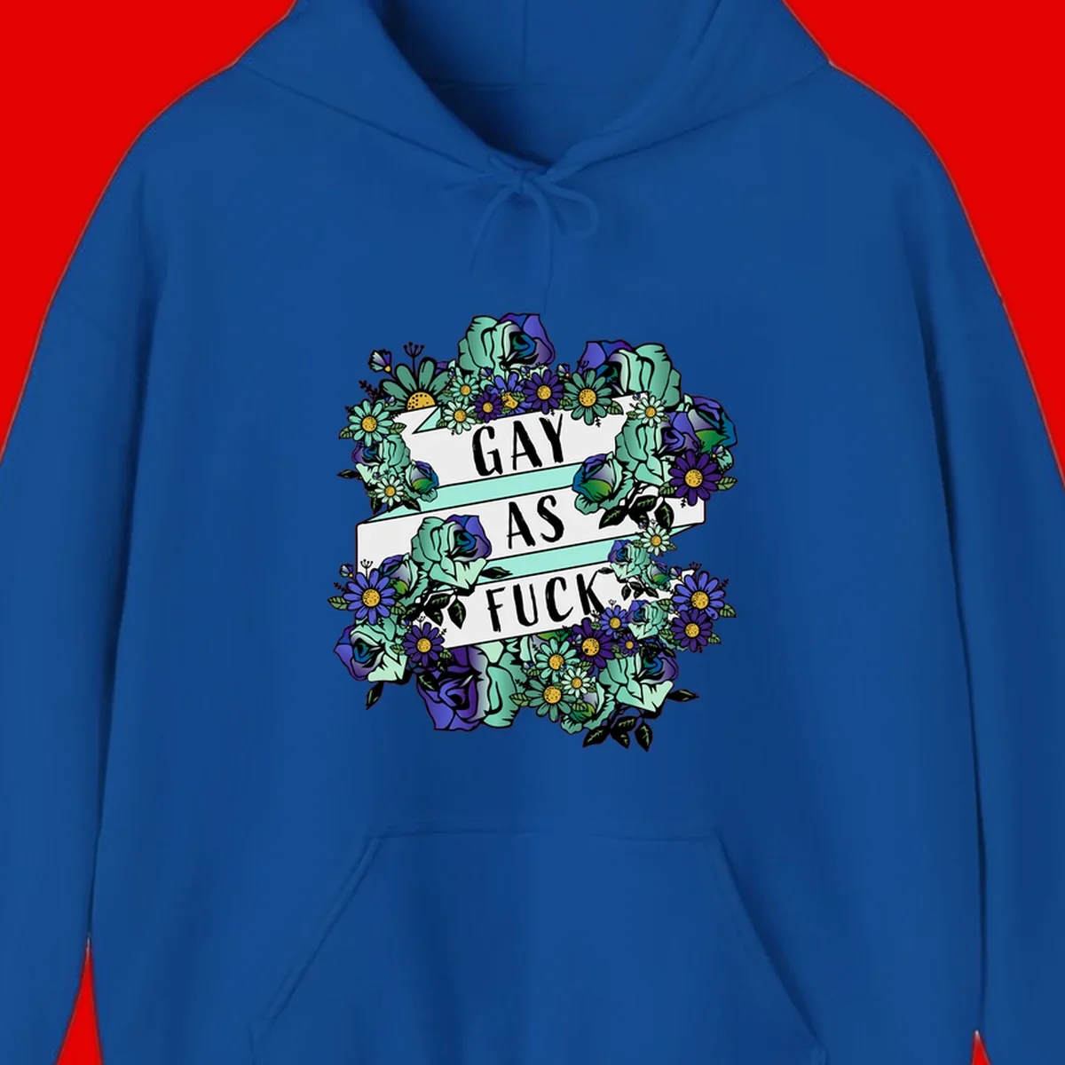 Floral illustration with mint roses and purple daisies surrounding white banners reading 'GAY AS FUCK' in bold text