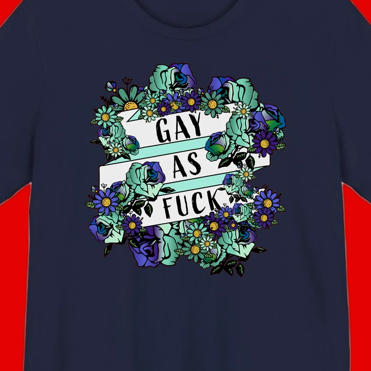 Floral illustration with mint roses and purple daisies surrounding white banners reading 'GAY AS FUCK' in bold text