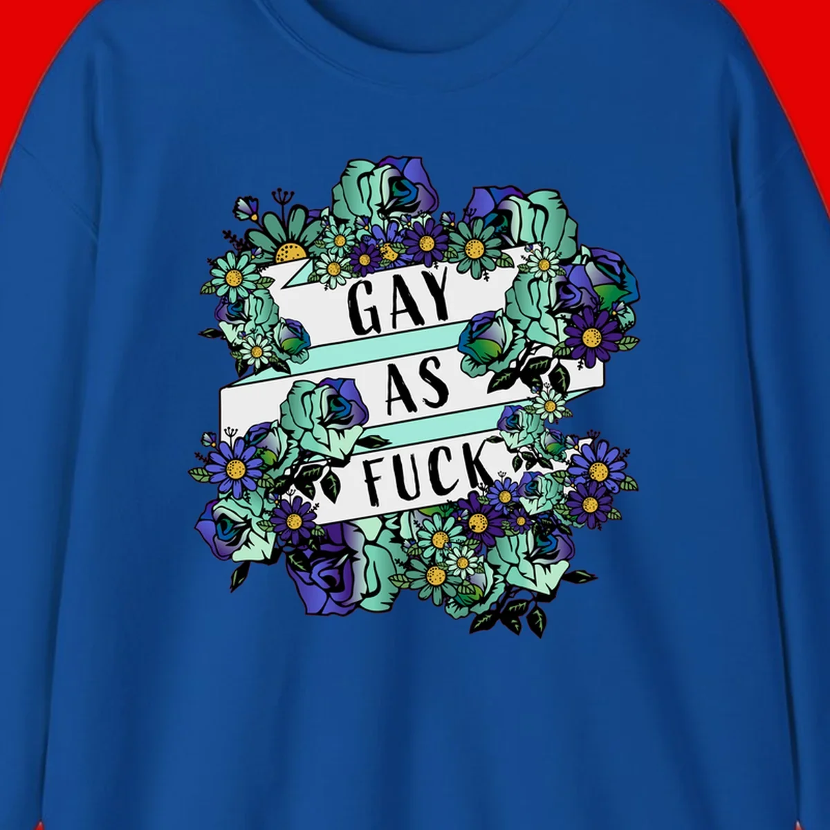 Floral illustration with mint roses and purple daisies surrounding white banners reading 'GAY AS FUCK' in bold text