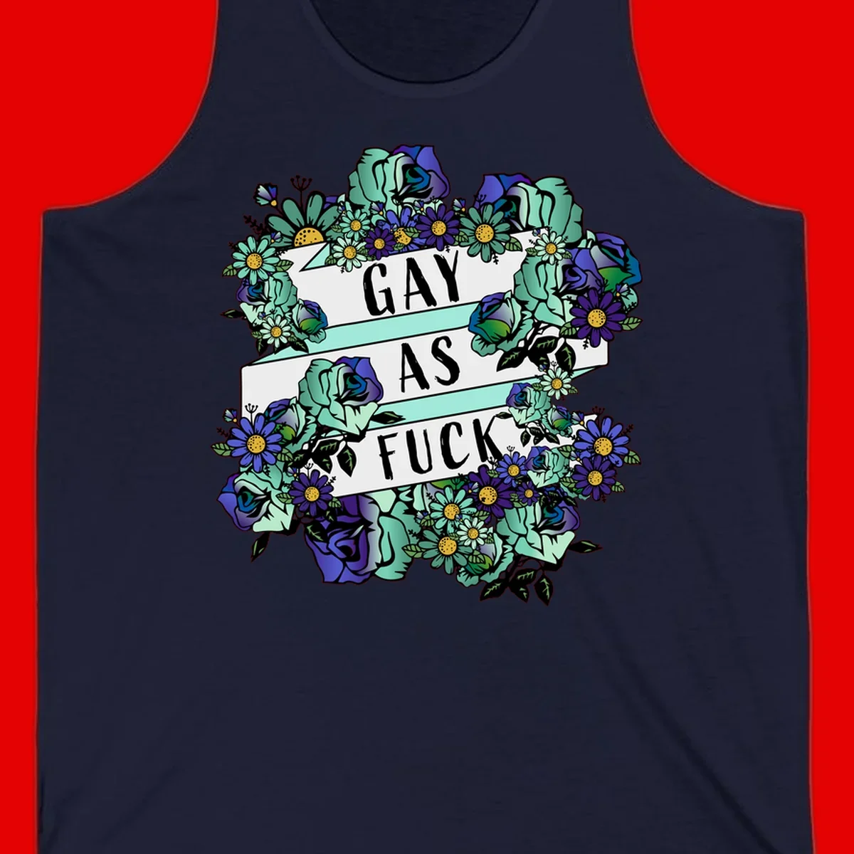 Floral illustration with mint roses and purple daisies surrounding white banners reading 'GAY AS FUCK' in bold text