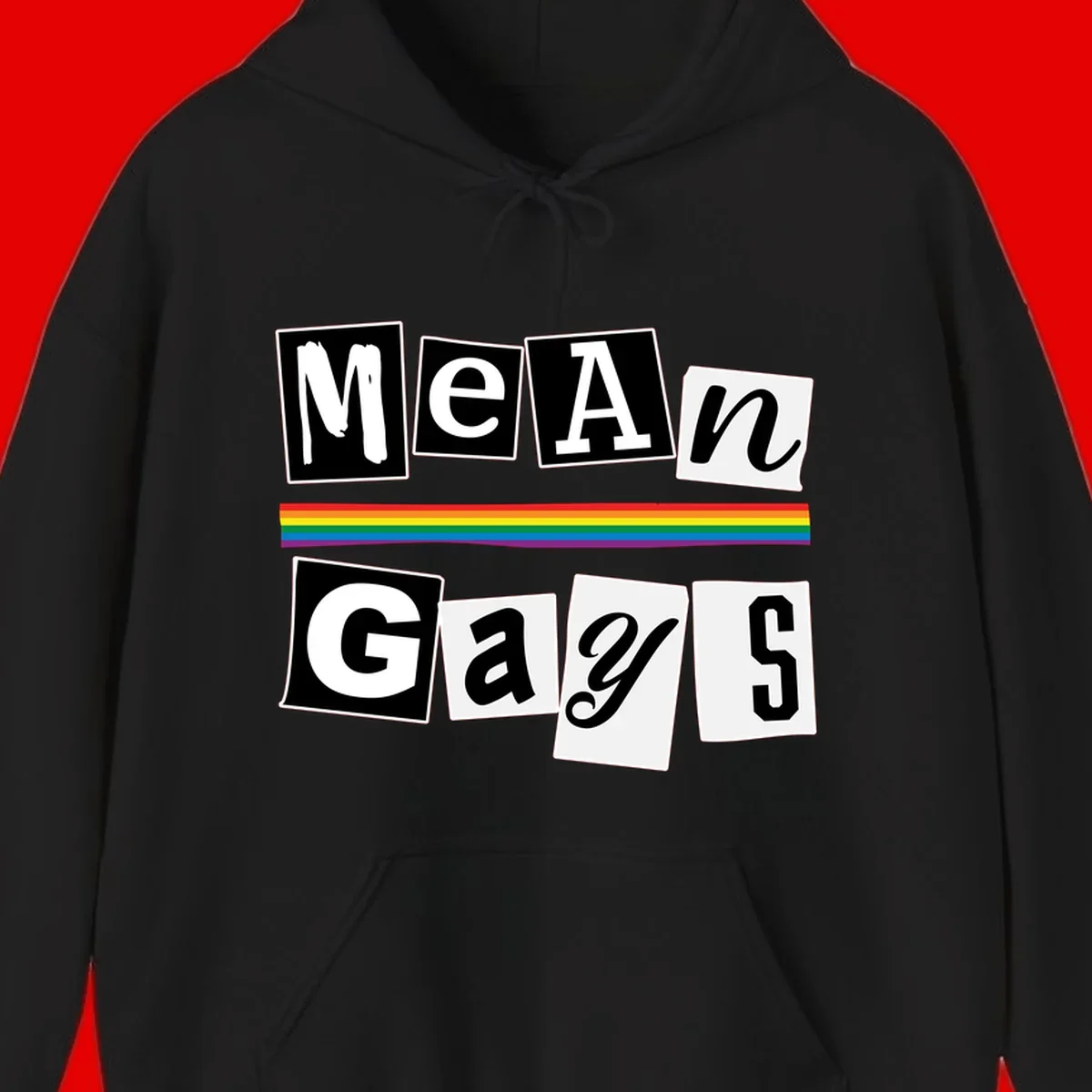 Mean Gays pride design with ransom note style lettering and rainbow stripe celebrating LGBTQ+ pride
