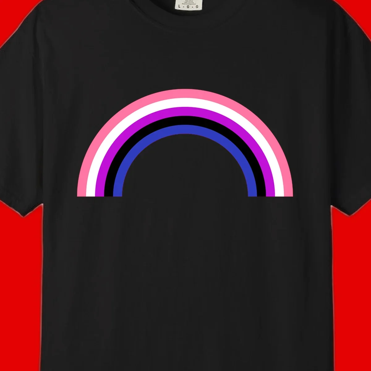 Pride rainbow arc with five concentric stripes in pink, white, purple, black, and blue colors on gray background