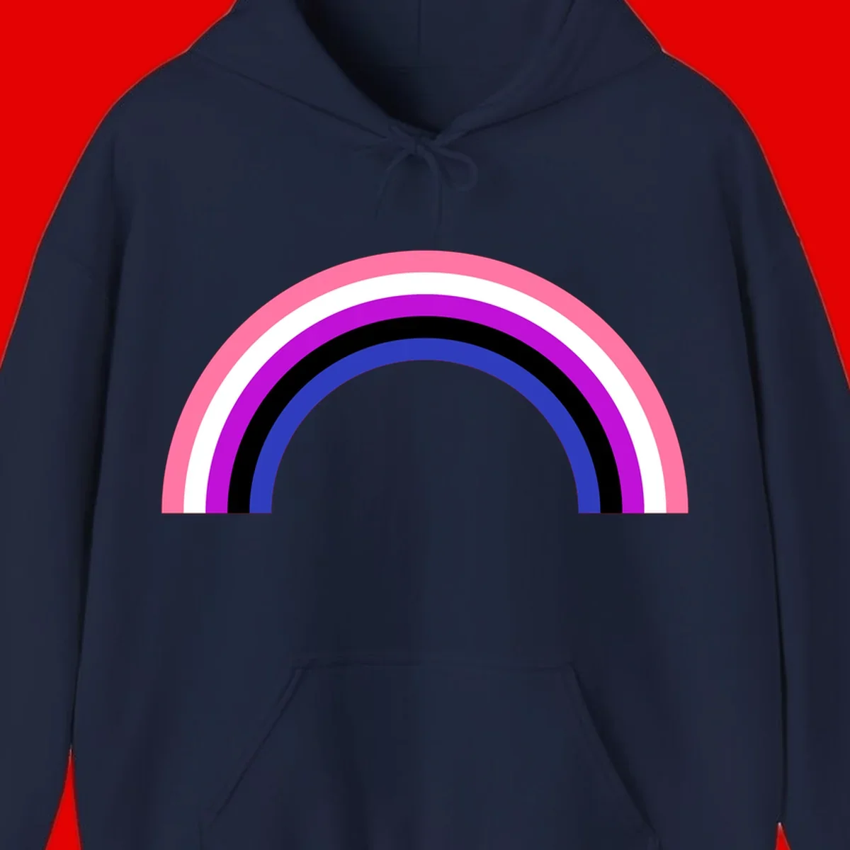 Pride rainbow arc with five concentric stripes in pink, white, purple, black, and blue colors on gray background