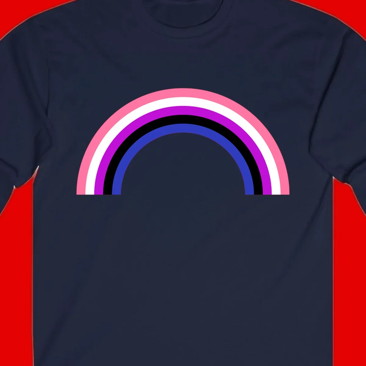 Pride rainbow arc with five concentric stripes in pink, white, purple, black, and blue colors on gray background