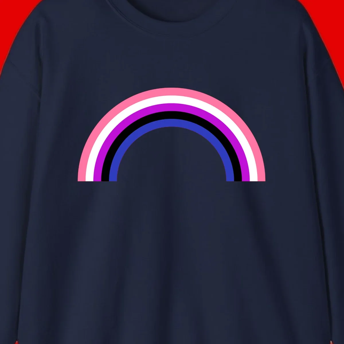 Pride rainbow arc with five concentric stripes in pink, white, purple, black, and blue colors on gray background
