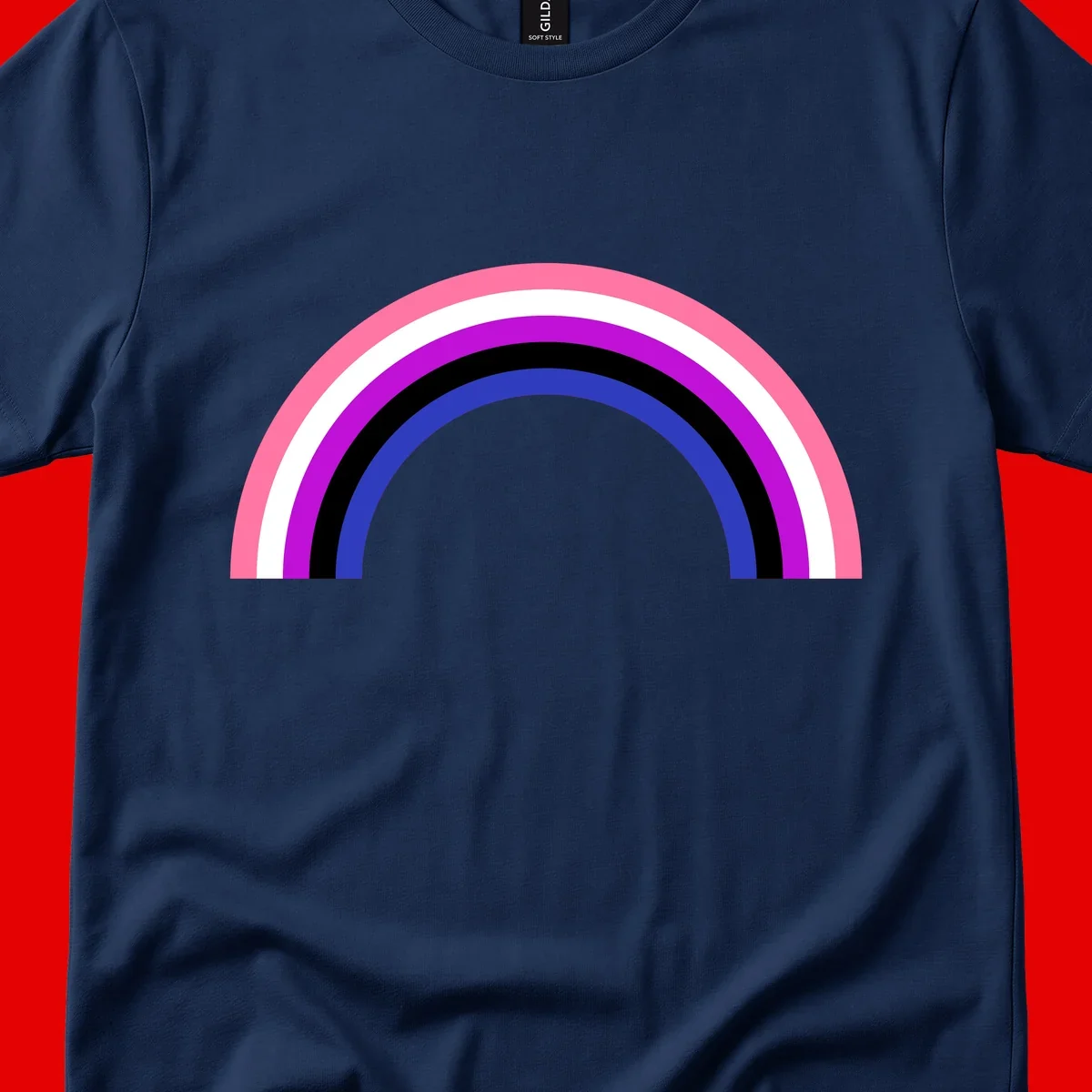 Pride rainbow arc with five concentric stripes in pink, white, purple, black, and blue colors on gray background