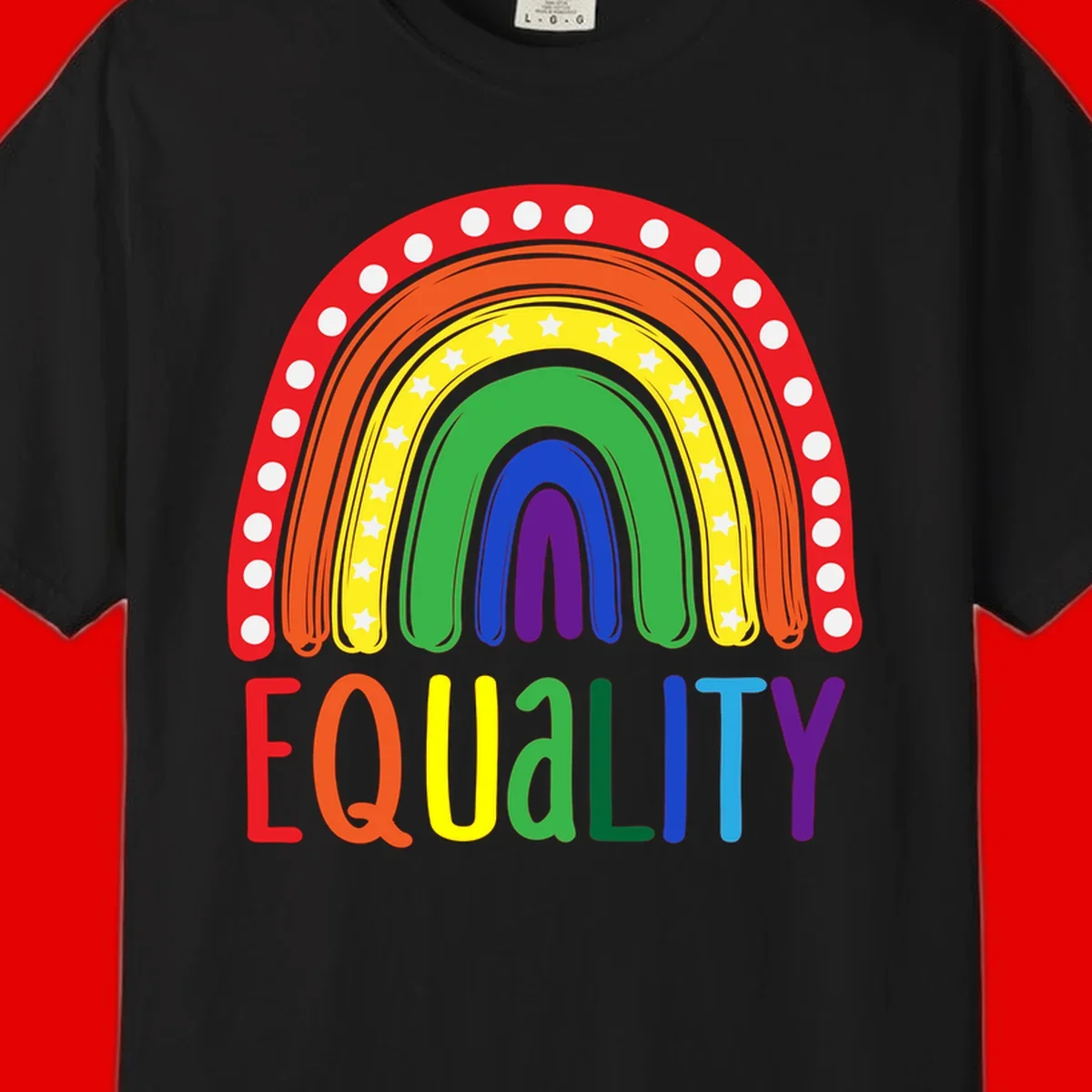 Concentric rainbow arcs in pride colors with white polka dots and stars, featuring 'EQUALITY' text in multicolored letters below