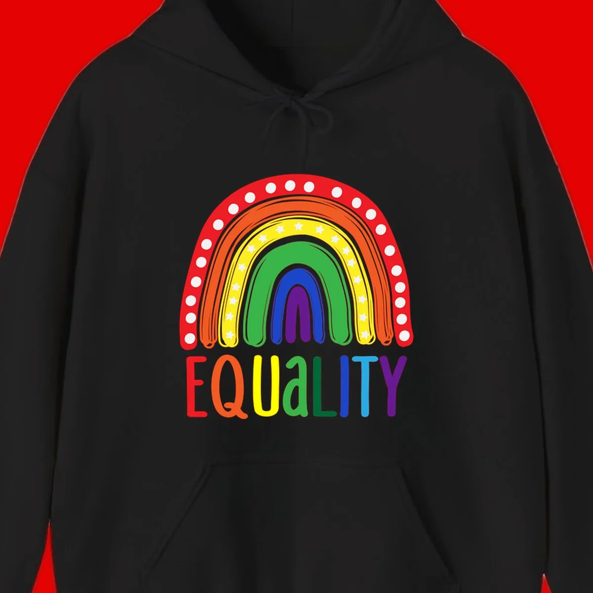 Concentric rainbow arcs in pride colors with white polka dots and stars, featuring 'EQUALITY' text in multicolored letters below