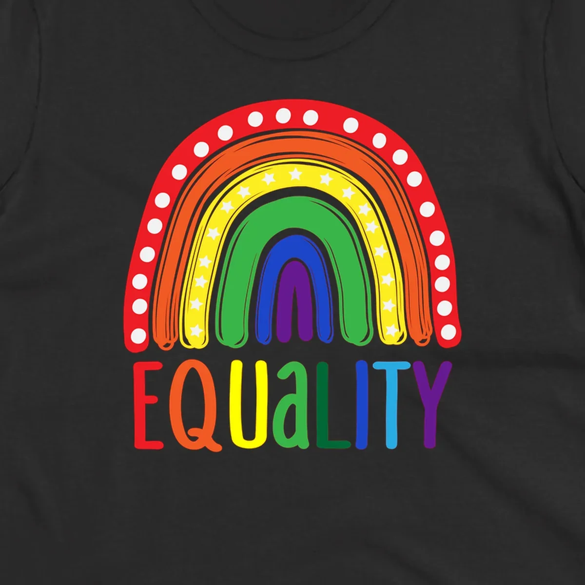 Concentric rainbow arcs in pride colors with white polka dots and stars, featuring 'EQUALITY' text in multicolored letters below