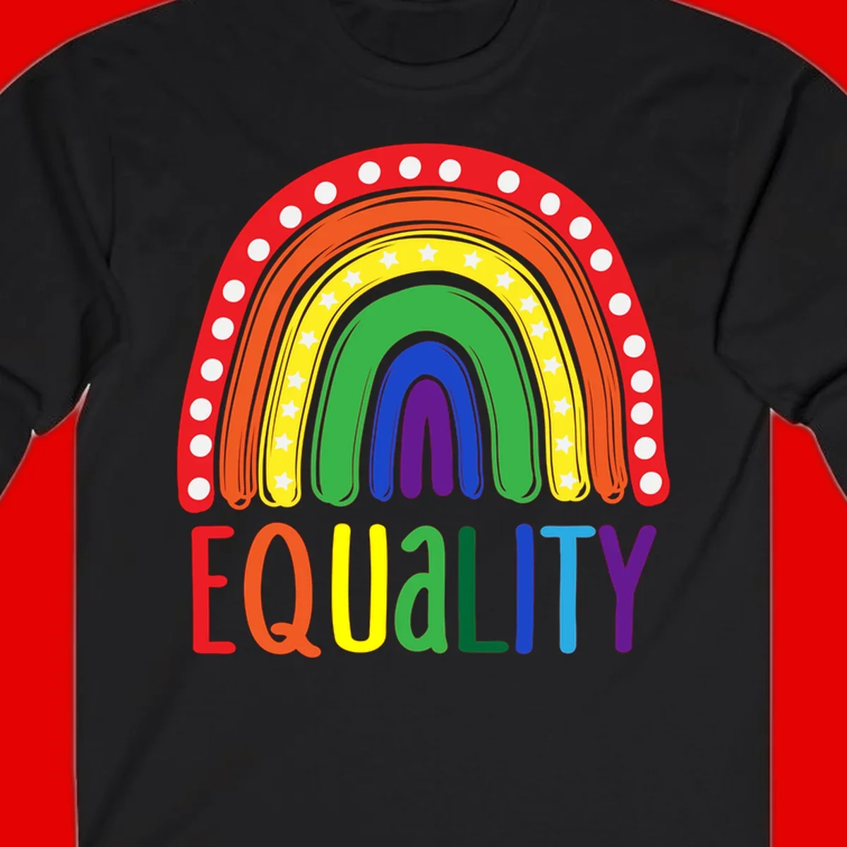 Concentric rainbow arcs in pride colors with white polka dots and stars, featuring 'EQUALITY' text in multicolored letters below