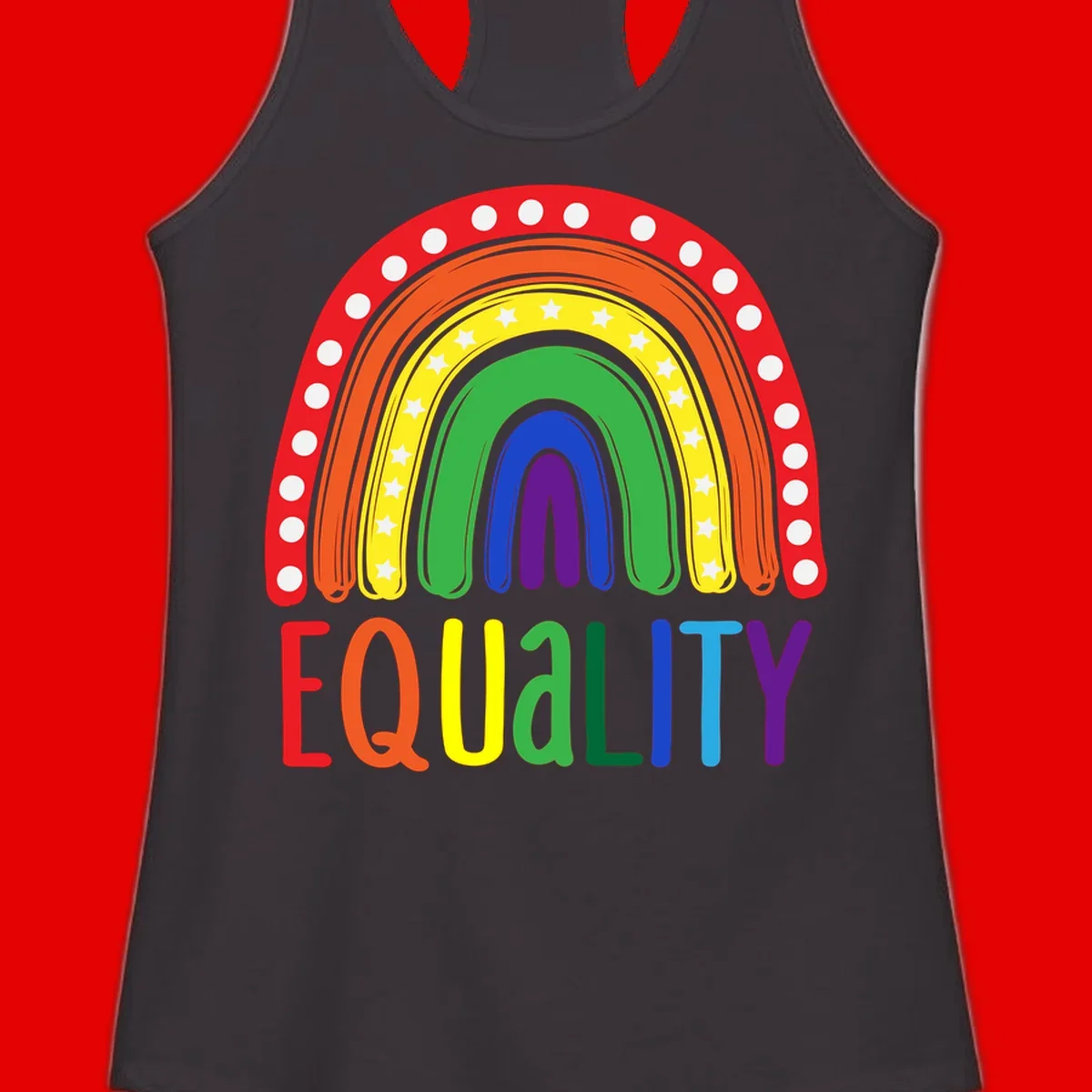 Concentric rainbow arcs in pride colors with white polka dots and stars, featuring 'EQUALITY' text in multicolored letters below