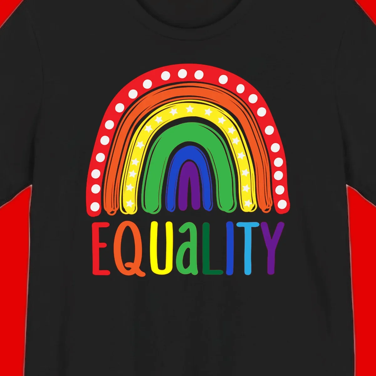 Concentric rainbow arcs in pride colors with white polka dots and stars, featuring 'EQUALITY' text in multicolored letters below