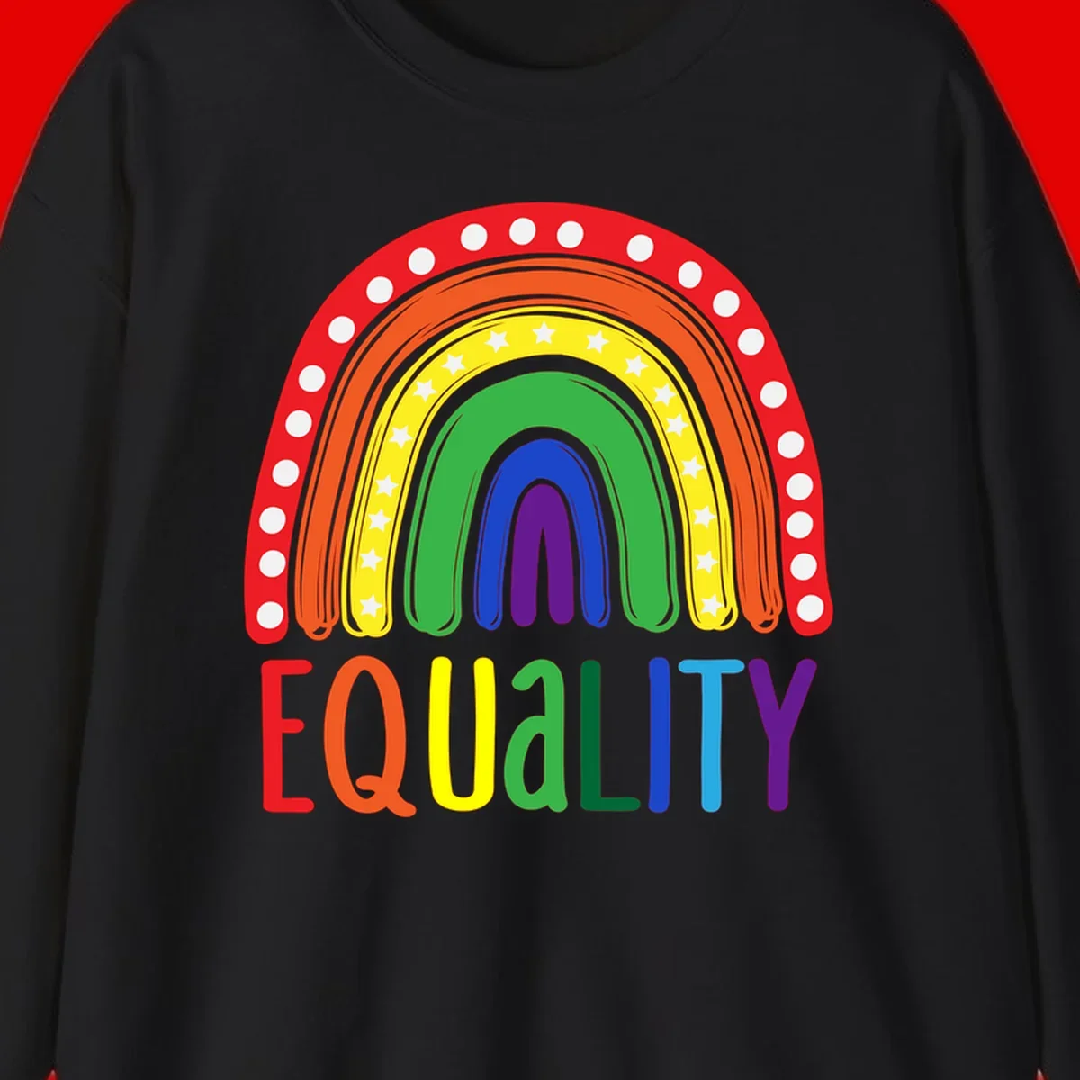Concentric rainbow arcs in pride colors with white polka dots and stars, featuring 'EQUALITY' text in multicolored letters below