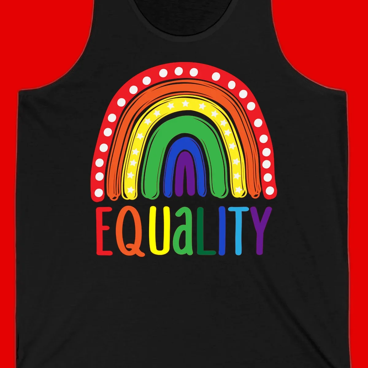Concentric rainbow arcs in pride colors with white polka dots and stars, featuring 'EQUALITY' text in multicolored letters below