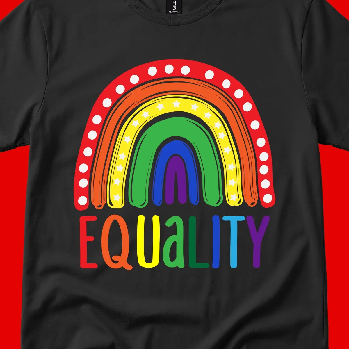 Concentric rainbow arcs in pride colors with white polka dots and stars, featuring 'EQUALITY' text in multicolored letters below