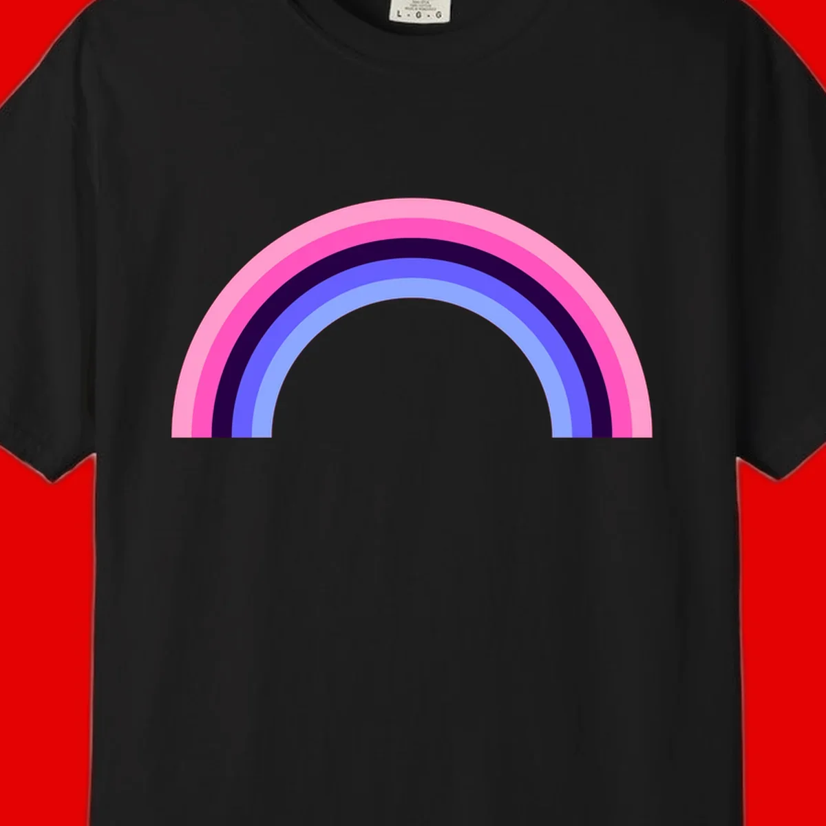 Pastel rainbow arc with five concentric colored stripes in pink, navy, blue and light blue on gray background
