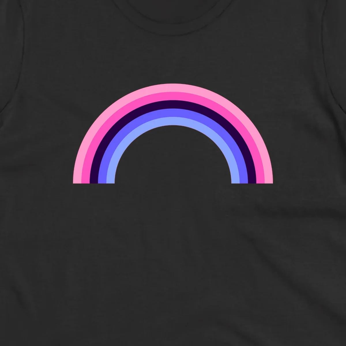 Pastel rainbow arc with five concentric colored stripes in pink, navy, blue and light blue on gray background
