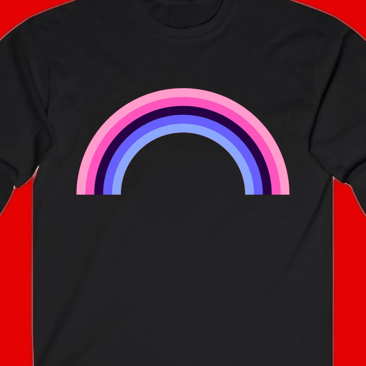 Pastel rainbow arc with five concentric colored stripes in pink, navy, blue and light blue on gray background