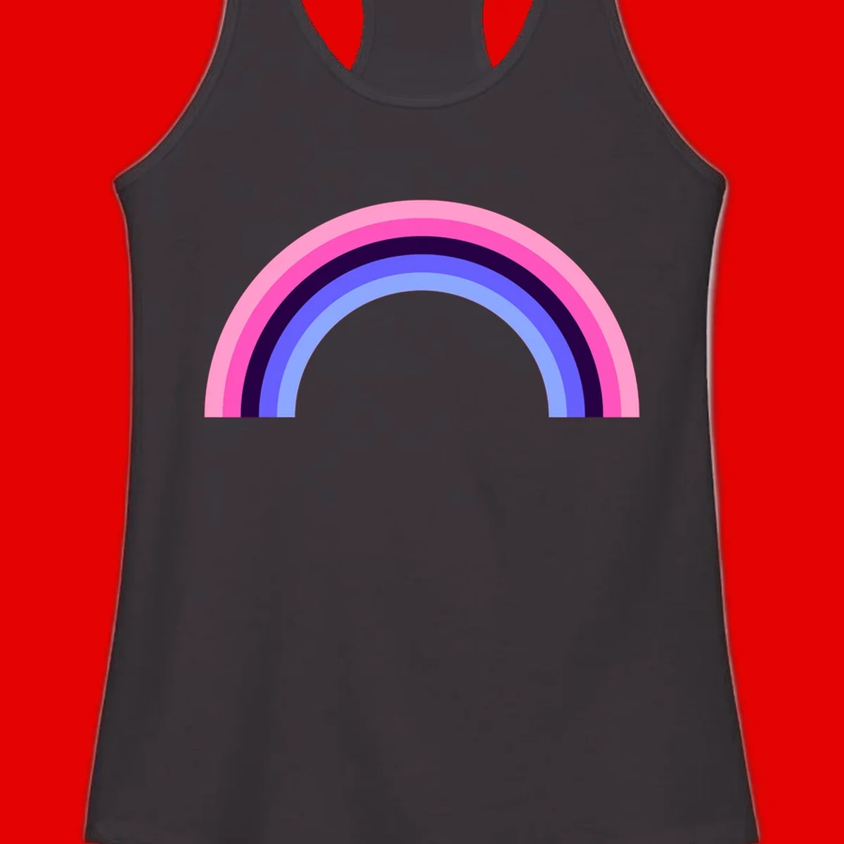 Pastel rainbow arc with five concentric colored stripes in pink, navy, blue and light blue on gray background