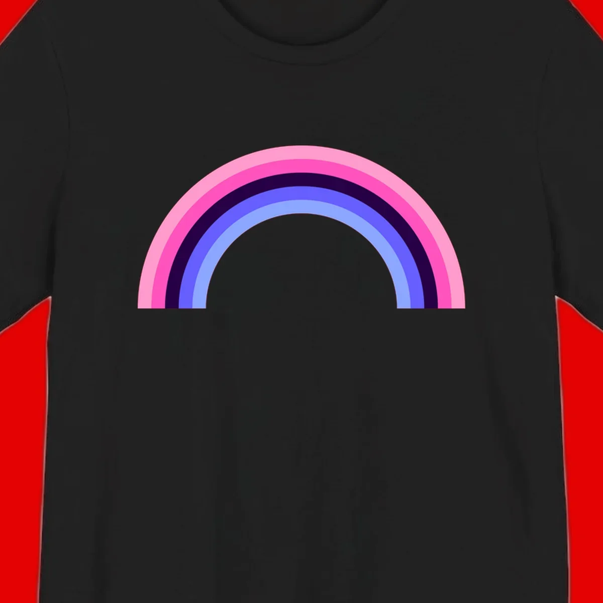 Pastel rainbow arc with five concentric colored stripes in pink, navy, blue and light blue on gray background