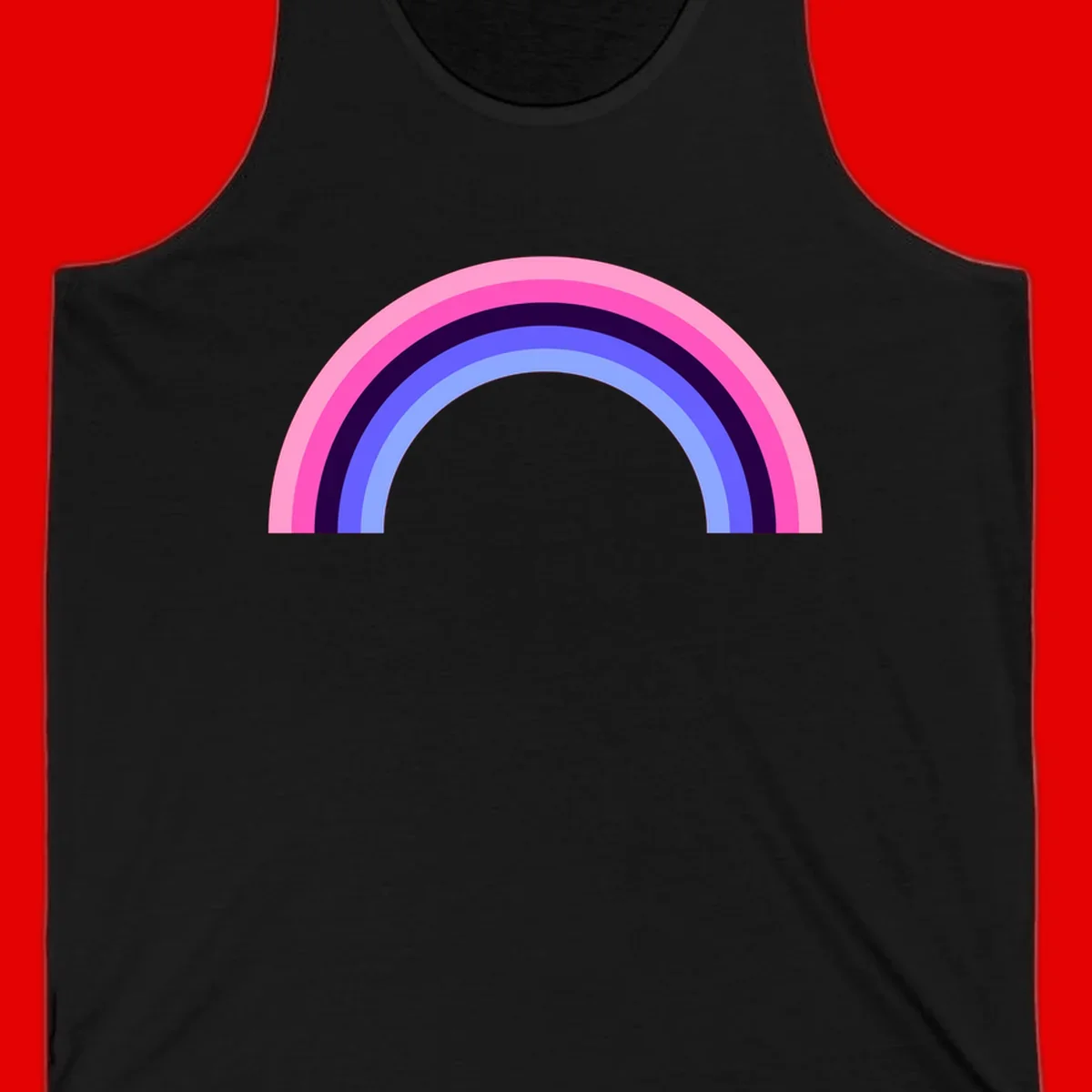 Pastel rainbow arc with five concentric colored stripes in pink, navy, blue and light blue on gray background