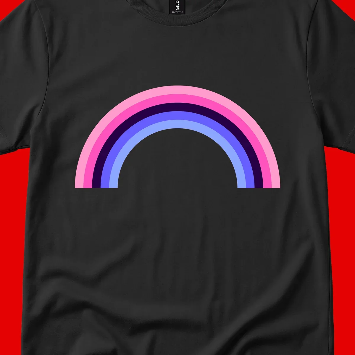 Pastel rainbow arc with five concentric colored stripes in pink, navy, blue and light blue on gray background