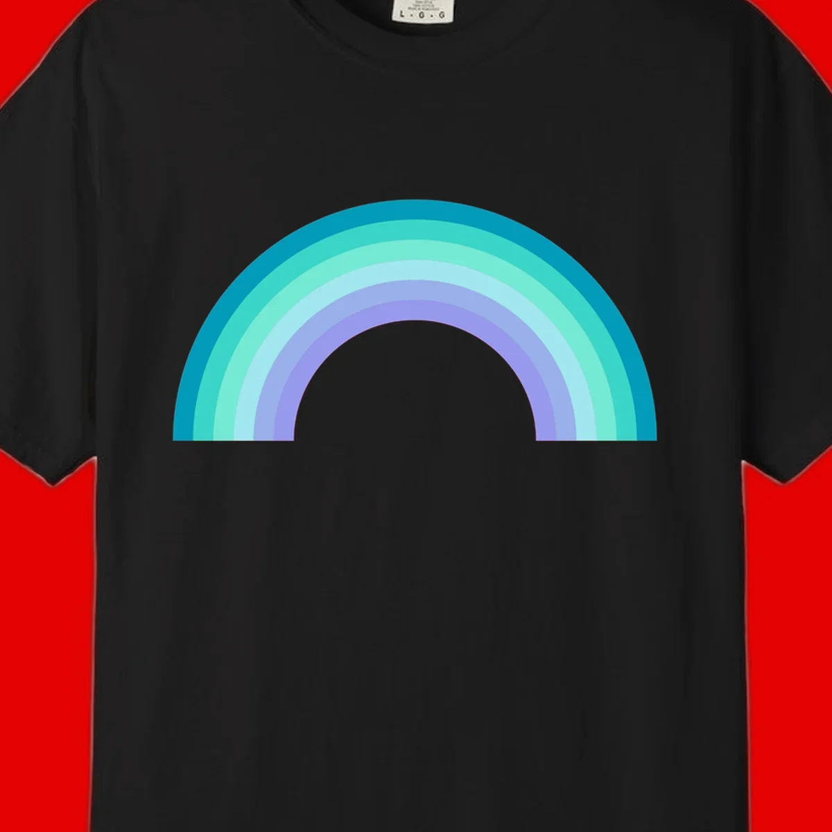 Pastel rainbow arch design featuring concentric semicircular bands in teal, cyan, mint, and lavender gradient colors