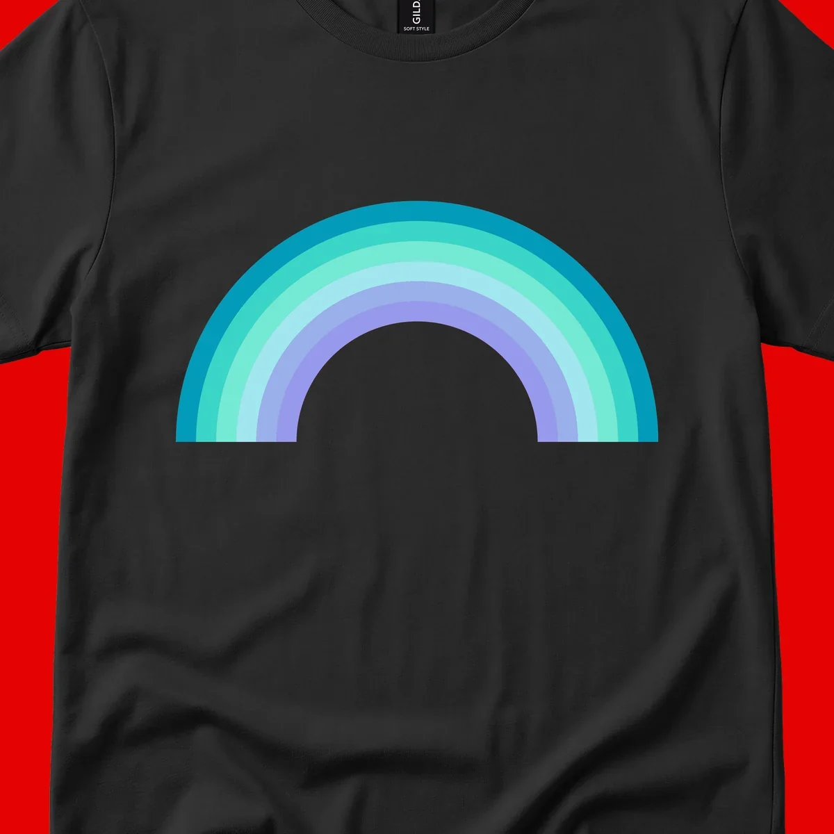 Pastel rainbow arch design featuring concentric semicircular bands in teal, cyan, mint, and lavender gradient colors