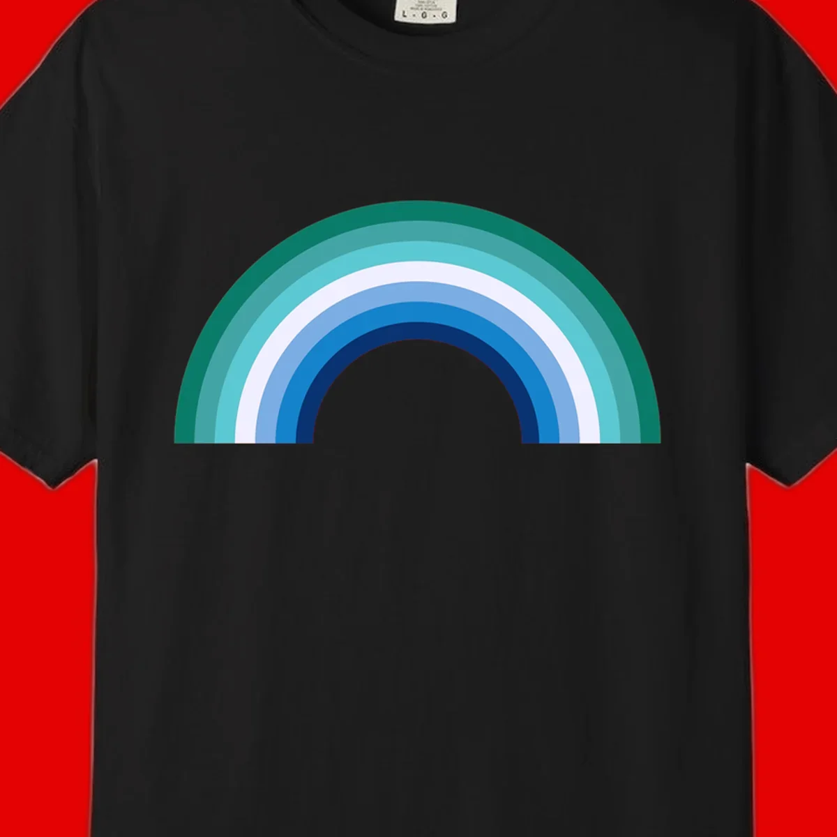 Concentric rainbow arcs design featuring nested semicircles in teal, cyan, white, and blue gradient layers
