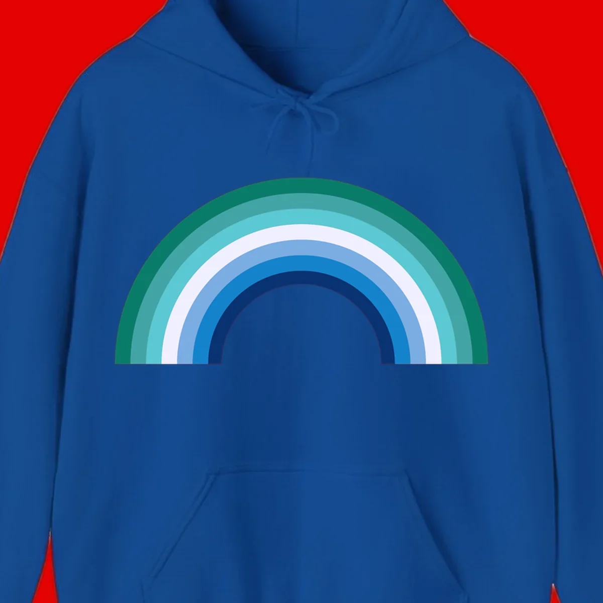 Concentric rainbow arcs design featuring nested semicircles in teal, cyan, white, and blue gradient layers