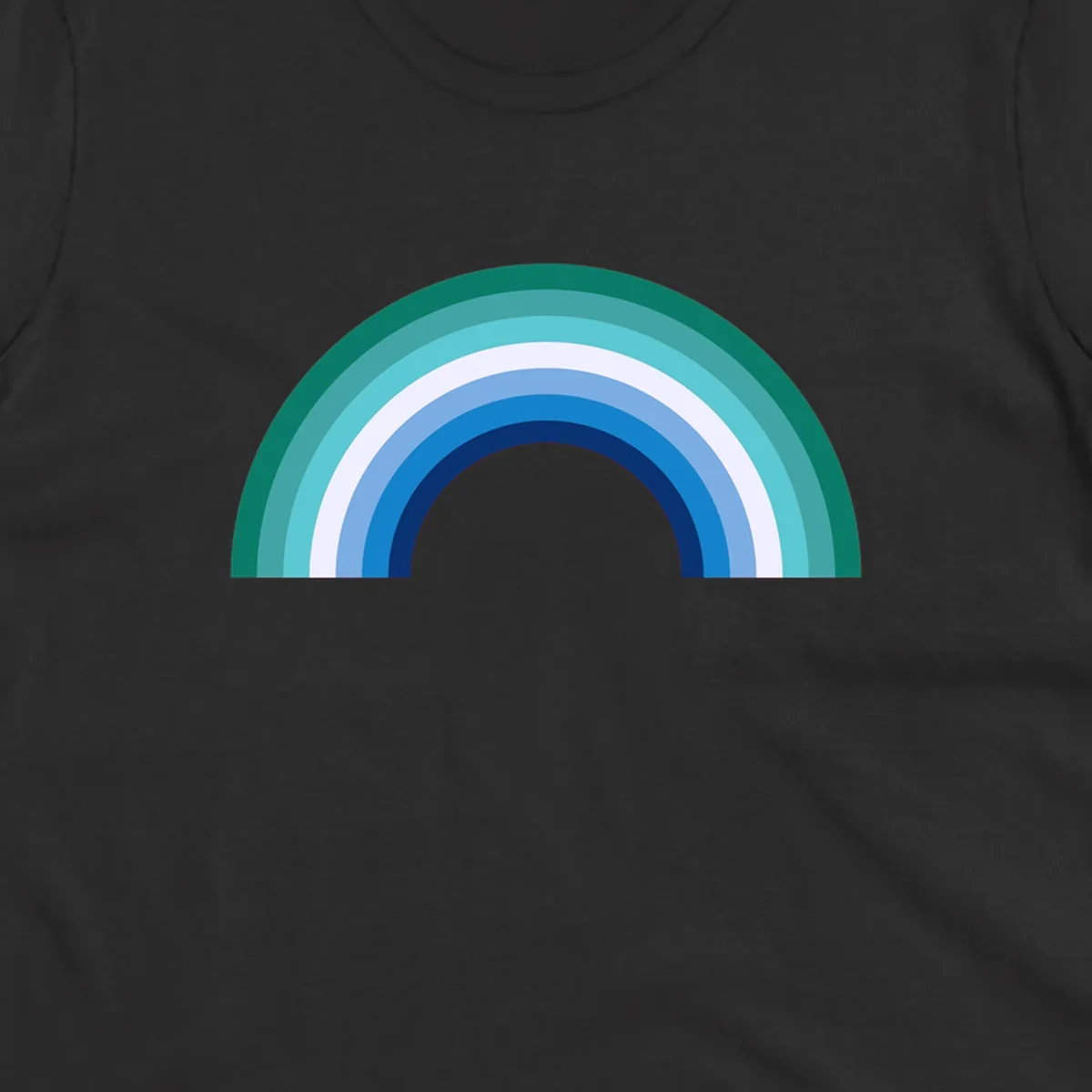 Concentric rainbow arcs design featuring nested semicircles in teal, cyan, white, and blue gradient layers