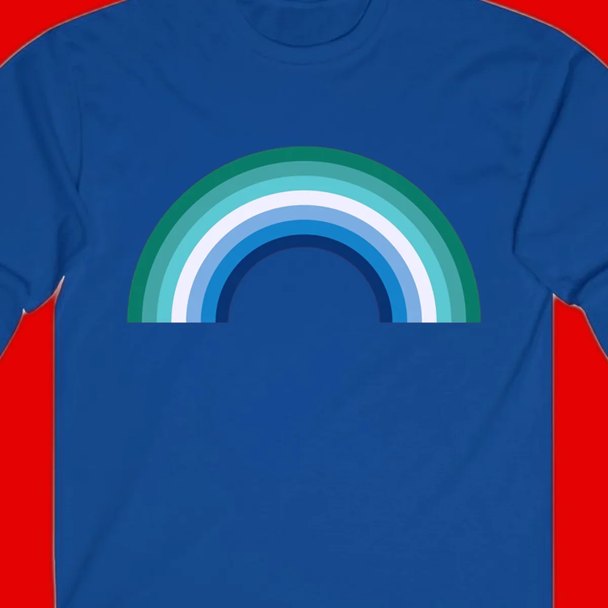 Concentric rainbow arcs design featuring nested semicircles in teal, cyan, white, and blue gradient layers