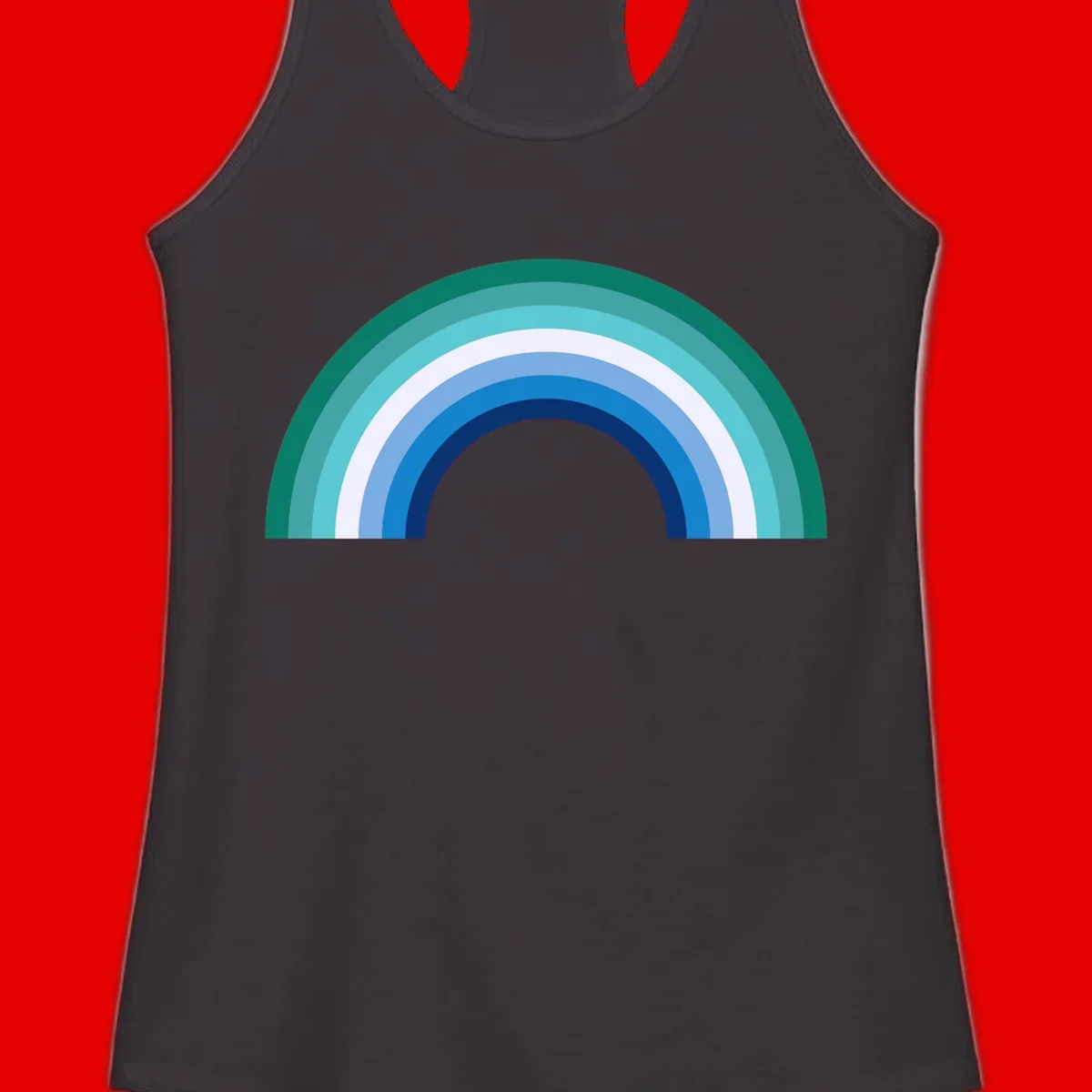 Concentric rainbow arcs design featuring nested semicircles in teal, cyan, white, and blue gradient layers